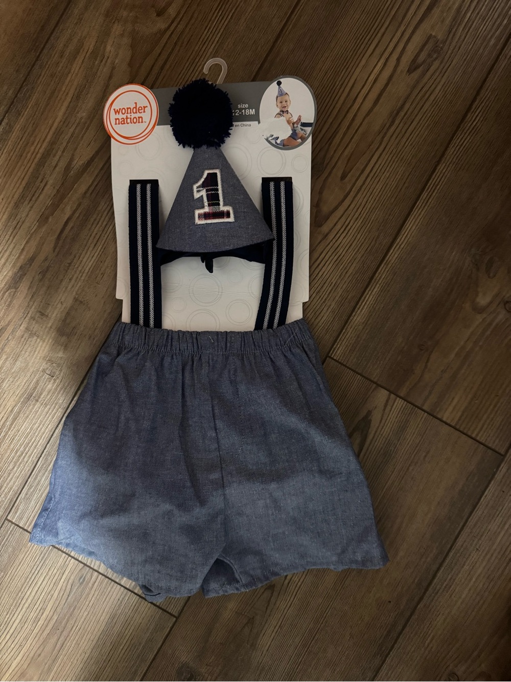 wonder nation Navy Chambray Shorts with Striped Suspenders and Party Hat